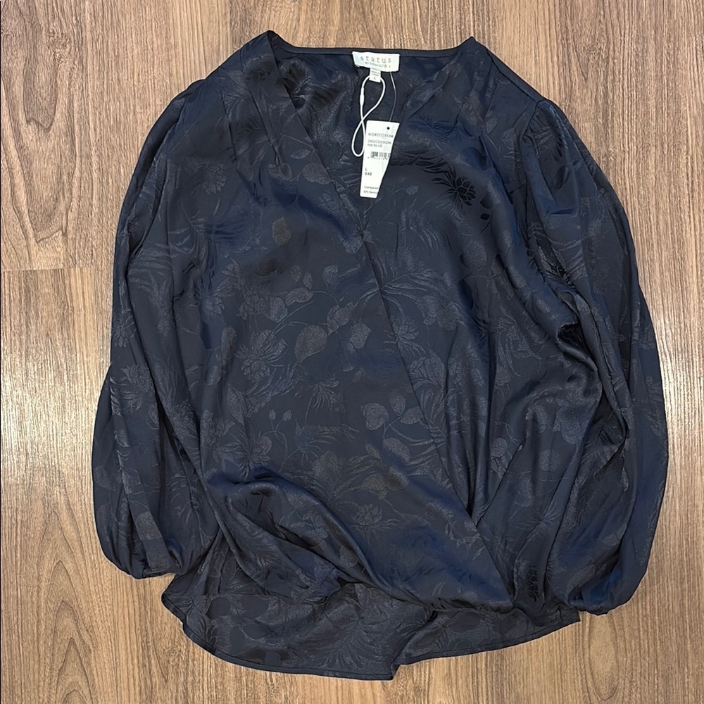 Status by Chenault wrap navy blue blouse